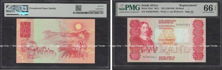 G. de Kock XX replacement R50 note: PMG 66 Gem Uncirculated