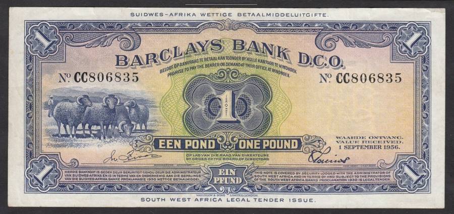South West Africa (Windhoek) Barclays Bank 1 Pound 1 Sept 1956