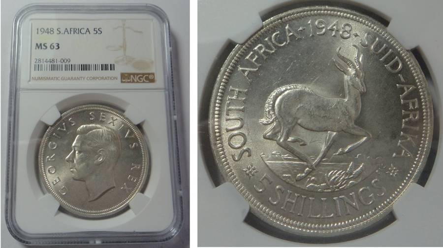 Union of South Africa: Crown (5/-) of 1948, NGC MS 63