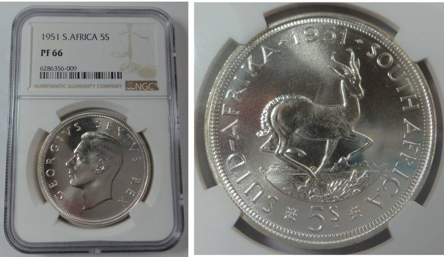 Union of South Africa: Crown (5/-) 1951, NGC PF 66