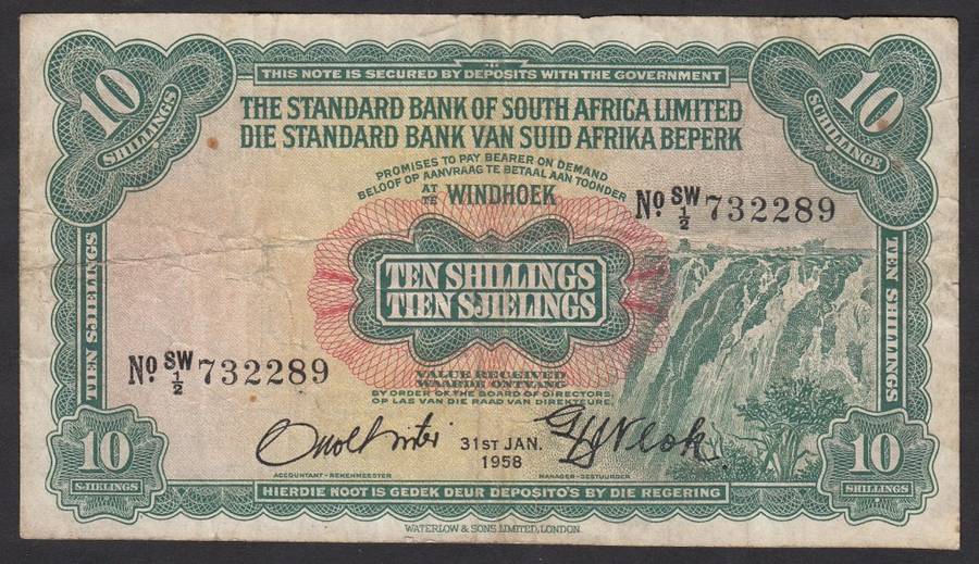 South West Africa, Windhoek: Standard Bank 10 Shillings 31 January 1958