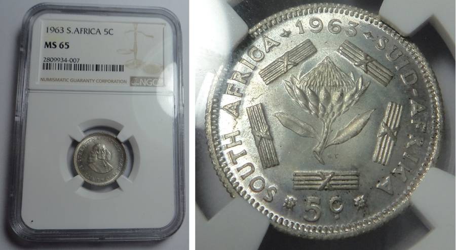 1963 Silver 5c, Republic of SA: NGC MS 65