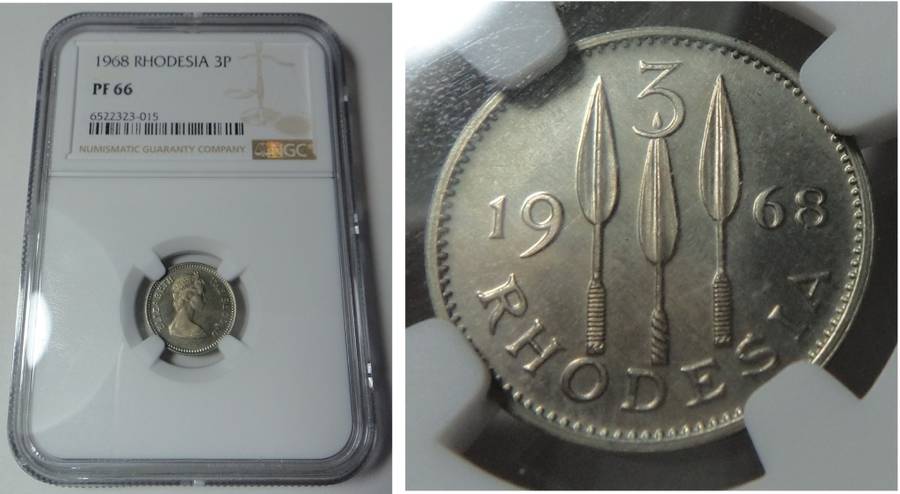 Rhodesia: Three Pence of 1968: NGC PF 66