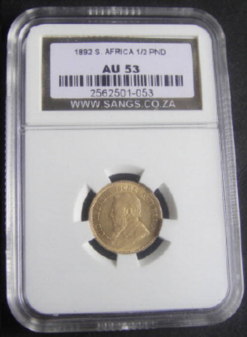 SANGS graded Paul Kruger Z.A.R. 1892 Gold Half-Pond AU53