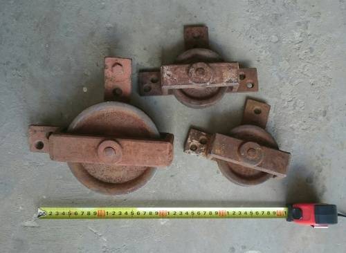 3 Old steel KENRICK pulley type wheels