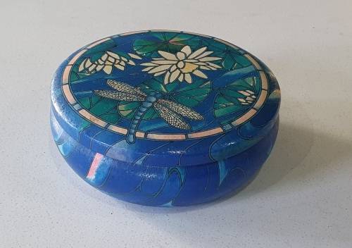 Blue tin with image of dragonfly and waterflowers as per photos