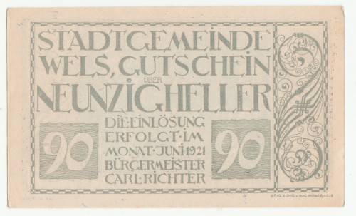 1921 Austria Stadt Wels 90 Heller