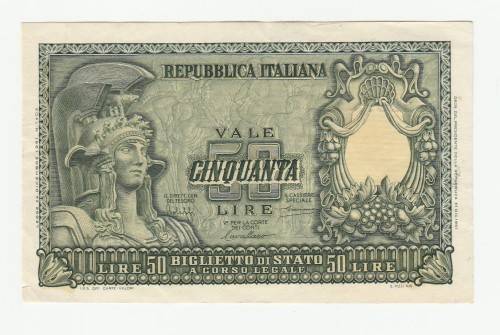 1951 Republic of Italy Biglietto State 50 Lire, centre fold and minor edge tear