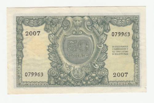 1951 Republic of Italy Biglietto State 50 Lire, centre fold and minor edge tear