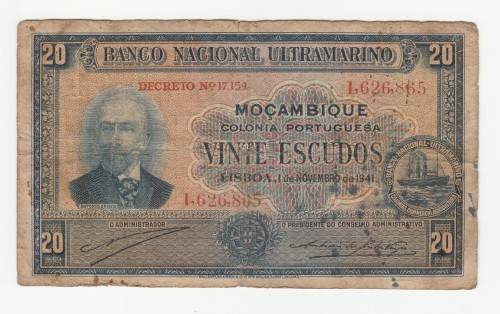 1941 Mozambique 20 Escudos, 2 pinholes