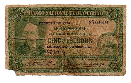 Filler 29.11.1945 Mozambique 5 Escudos, Pick#94, Edge Tears/holes