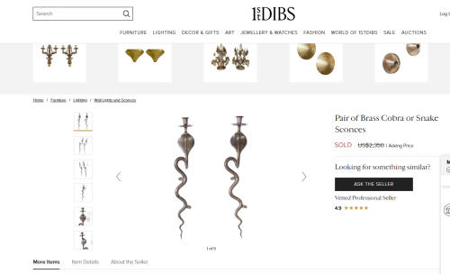 RARE!! Pair of Anglo-Indian Brass Cobra Candle Sconces, 40cm x 8cm