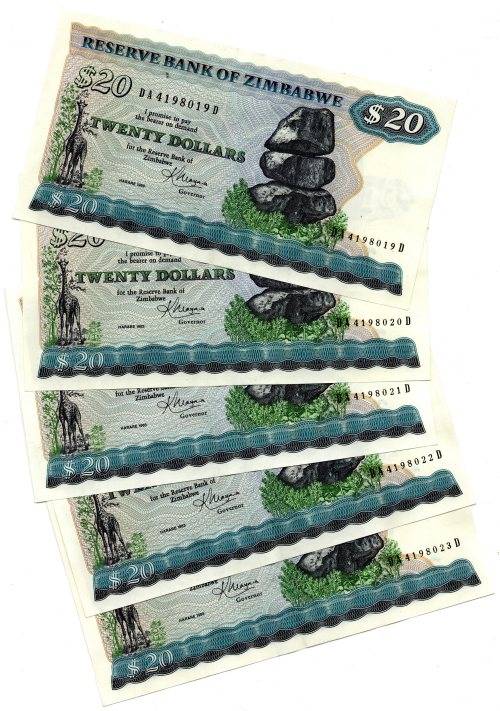 Lot of 5 x 1983 Consecutive Zimbabwe $20 Notes, Pick#3d