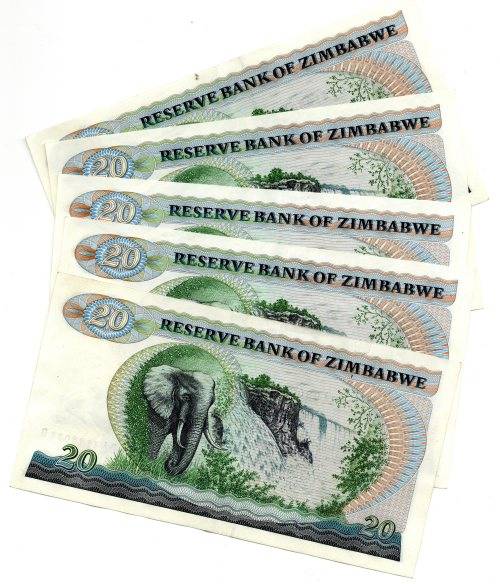 Lot of 5 x 1983 Consecutive Zimbabwe $20 Notes, Pick#3d