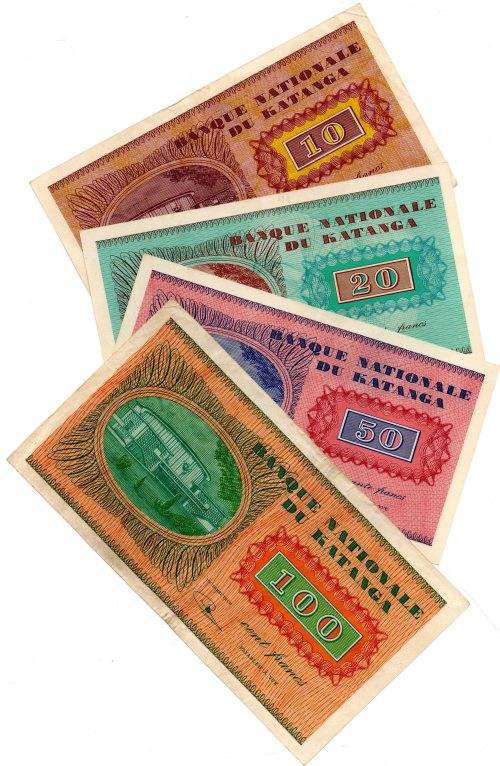 RARE 1960 Set of Katanga Notes: 10 Francs Pick#5a, 20 Francs Pick#6a, 50 Francs Pick#7a, 100 Francs