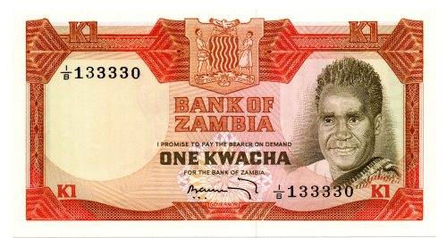 1974 Zambia 1 Kwacha Commemorative Issue Pick#16a Signature 4, Nice Serial `133330`