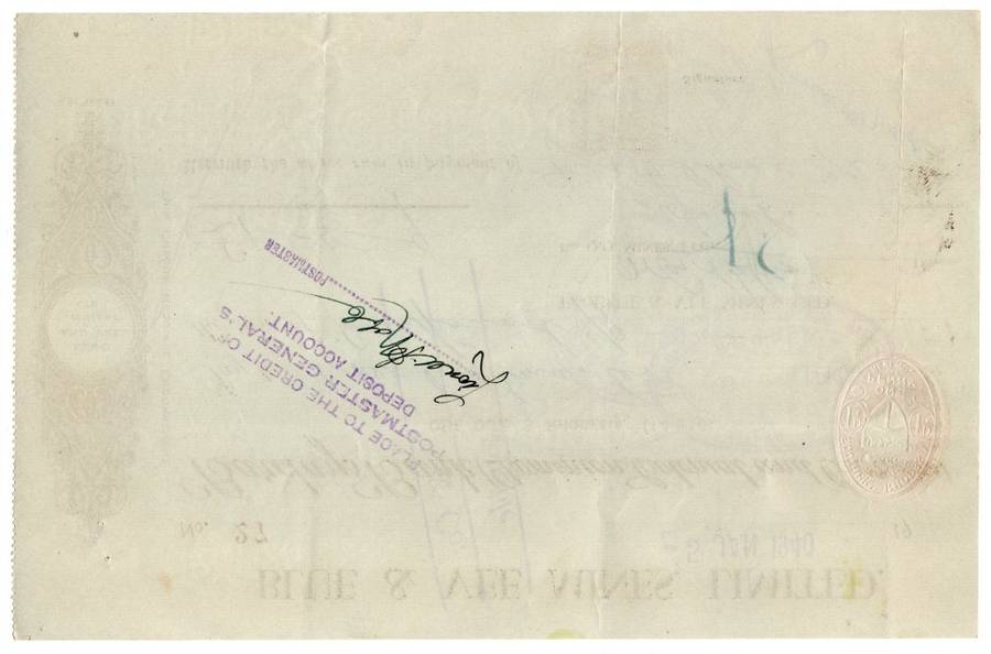 1940 Southern Rhodesia, Barclays Bank - Blue & Vee Mines, Limited Cheque issued for £1 and 5 Shillin
