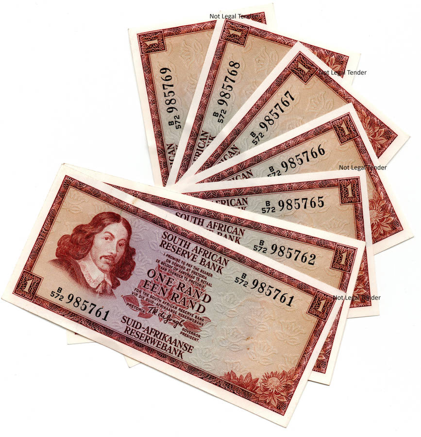 Lot of 9 x Consecutive 1975 South Africa Consecutive Type 11 TW De Jongh R1`s `985761 to 985769`