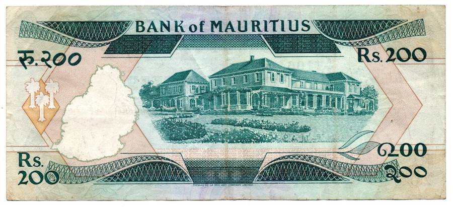 1985 Mauritius 200 Rupees Pick#39a, folds, creases, 2 pinholes