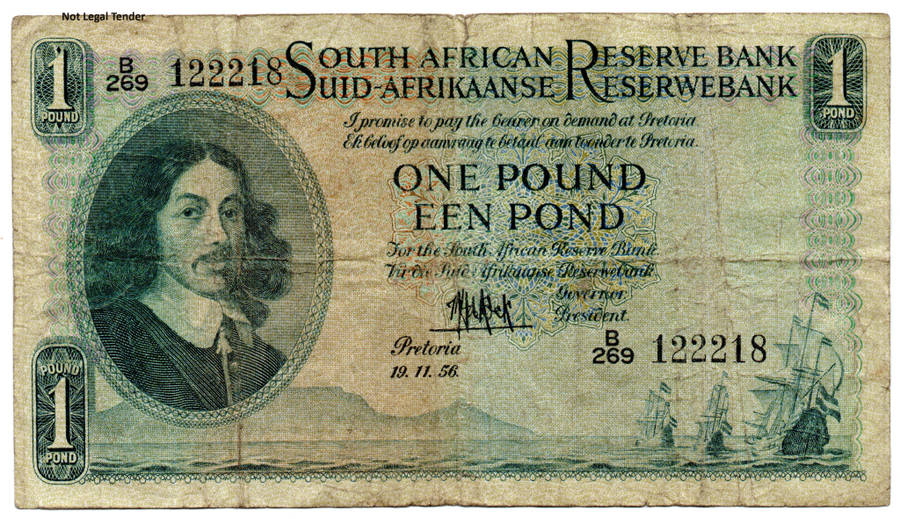 1956 South Africa Type 9 MH De Kock Second Issue 1 Pound, top edge tear
