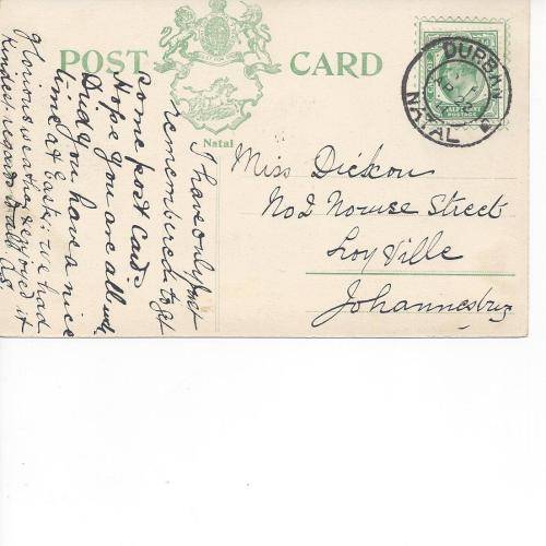 1911 CAPE - NATAL INTERPROVINCIAL CARD. KEVII COGH 1/2D.