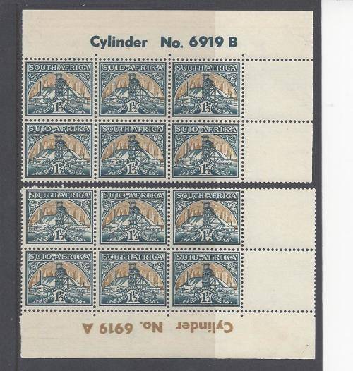 Pair 1941 'Medium Mines' cylinder blocks of 6 X 1 1/2d each. Numbered 6919 A & B. Superb UMM