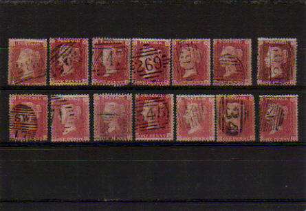 GB.QVIC.1854-57.FINE USED.1dRED STARS MOST ARE DIE II,SOME WITH BLUISH PAPER.AS PER SCAN.CAT R1660