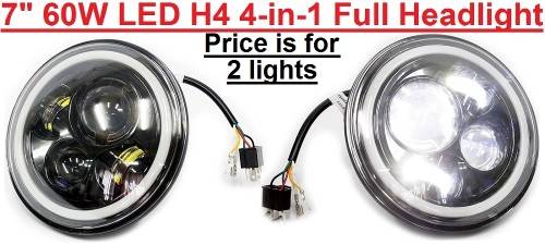 7" Halo Ring LED H4 Headlight Set - Universal H4 LED Headlight Set - 7" 60W 4-in-1 LED Headlight Set