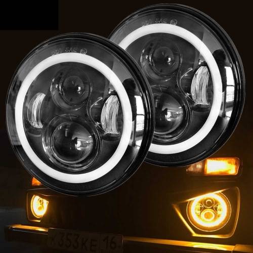 7" Halo Ring LED H4 Headlight Set - Universal H4 LED Headlight Set - 7" 60W 4-in-1 LED Headlight Set