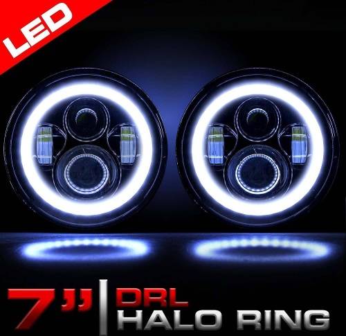 7" Halo Ring LED H4 Headlight Set - Universal H4 LED Headlight Set - 7" 60W 4-in-1 LED Headlight Set