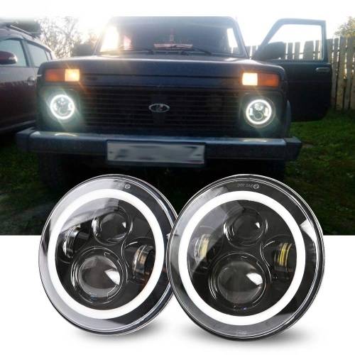 7" Halo Ring LED H4 Headlight Set - Universal H4 LED Headlight Set - 7" 60W 4-in-1 LED Headlight Set