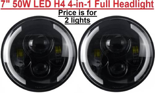 7` Half Ring LED H4 Headlight Set - Universal H4 LED Headlight Set - 7` 50W 4-in-1 LED Headlight Set