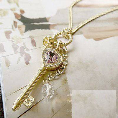 Lovely Key Crown Crystal Charm Necklace