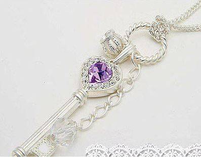 Lovely Key Crown Crystal Charm Necklace