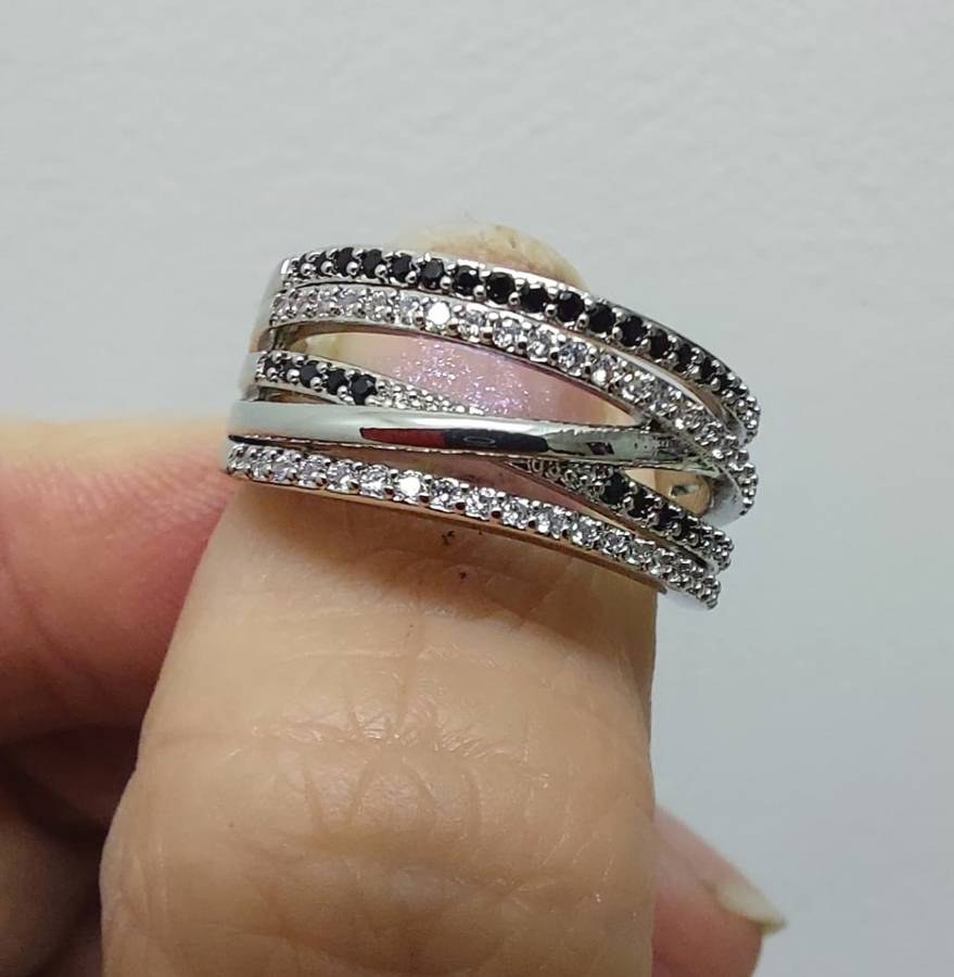 925 Silver Plated Cross-over Ring with White & Black Cubic Zirconias
