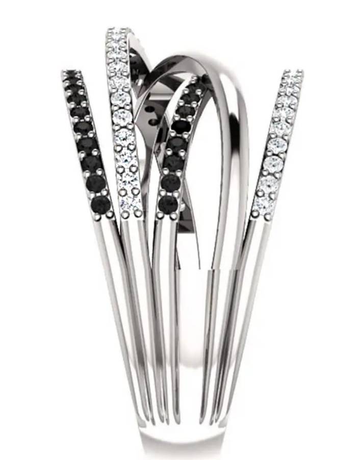 925 Silver Plated Cross-over Ring with White & Black Cubic Zirconias