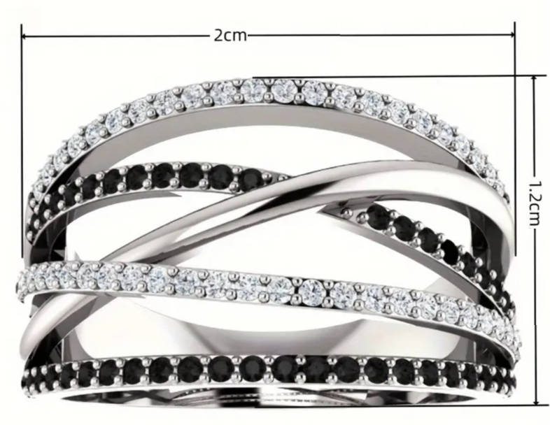 925 Silver Plated Cross-over Ring with White & Black Cubic Zirconias