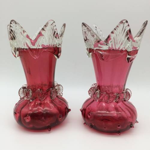 Superb Matching Pair of Antique Cranberry Glass Vases