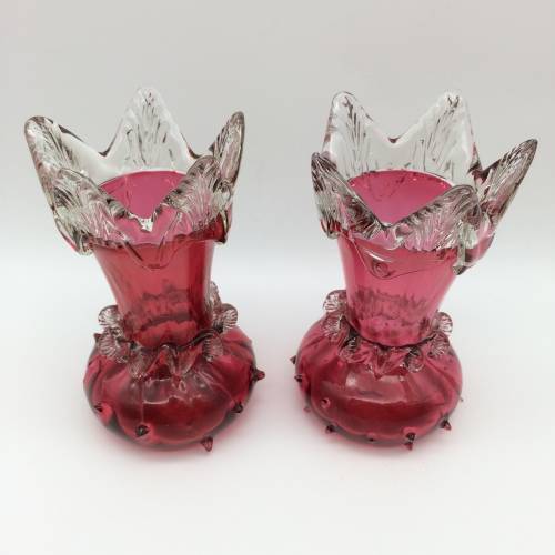 Superb Matching Pair of Antique Cranberry Glass Vases