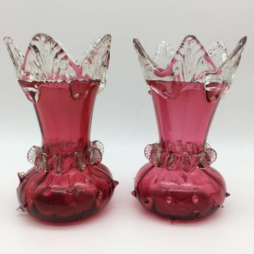Superb Matching Pair of Antique Cranberry Glass Vases