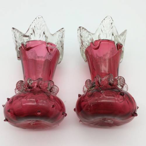 Superb Matching Pair of Antique Cranberry Glass Vases