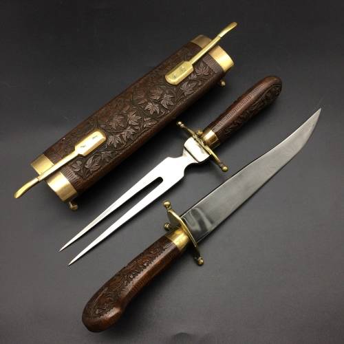 Beautiful Vintage Wood and Brass Cased Knife and Fork Carving Set