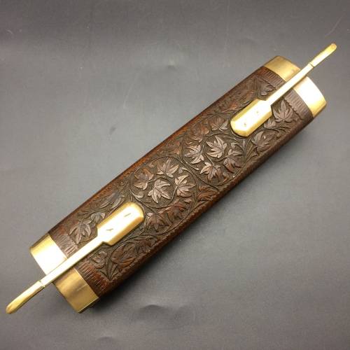 Beautiful Vintage Wood and Brass Cased Knife and Fork Carving Set