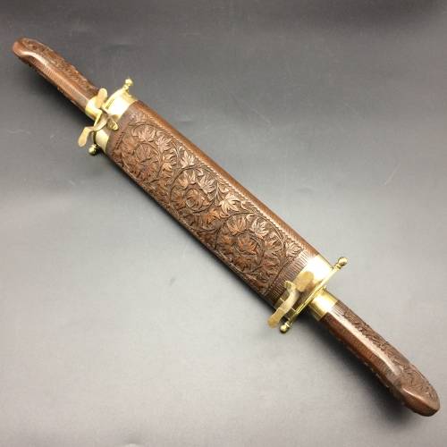 Beautiful Vintage Wood and Brass Cased Knife and Fork Carving Set
