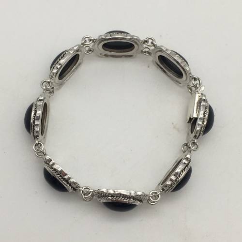 Early Solid Silver Onyx and Marcasite Bracelet