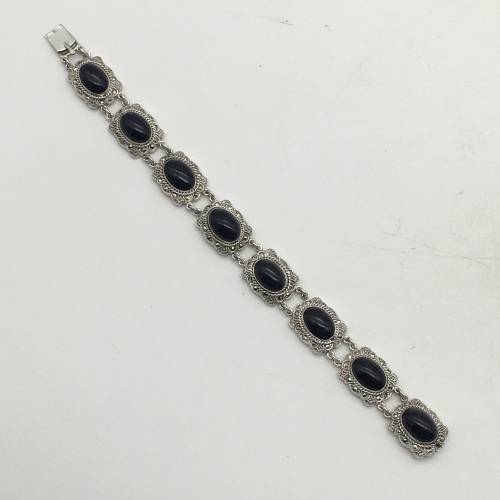 Early Solid Silver Onyx and Marcasite Bracelet