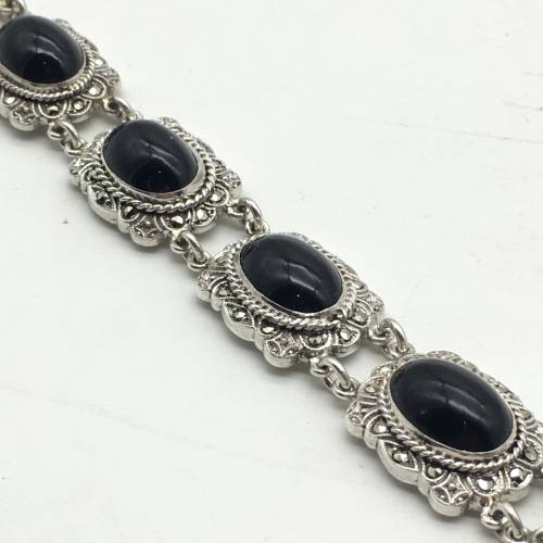 Early Solid Silver Onyx and Marcasite Bracelet