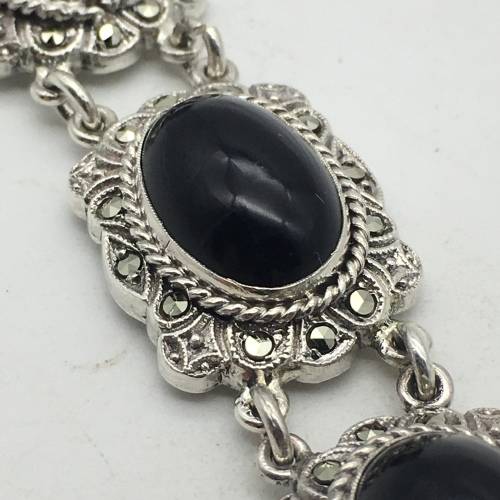 Early Solid Silver Onyx and Marcasite Bracelet