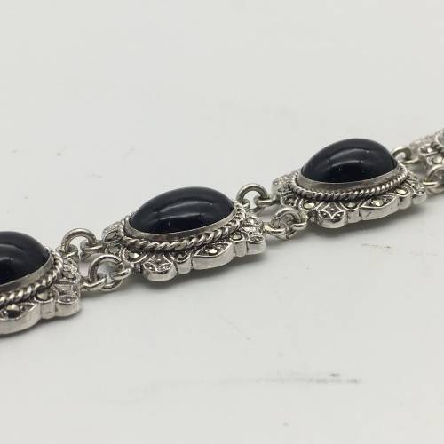 Early Solid Silver Onyx and Marcasite Bracelet
