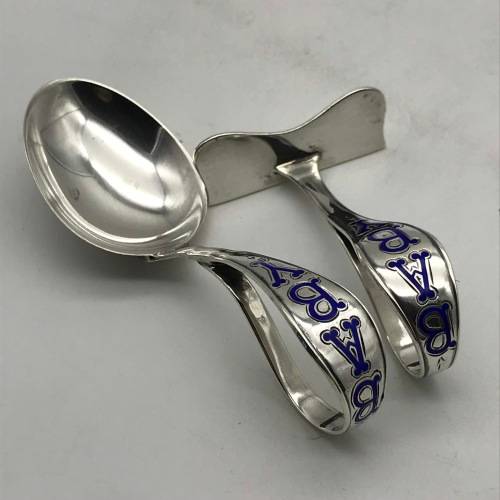 Antique Silver and Enamel Baby Spoon and Pusher